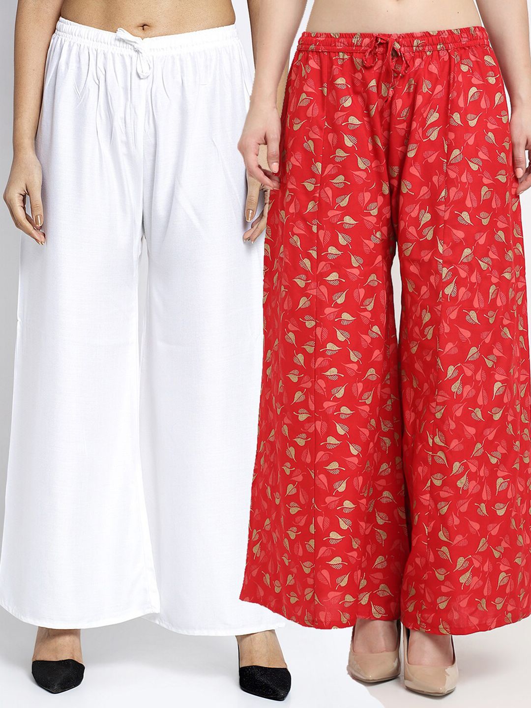 Jinfo Women White & Red 2 Printed Flared Knitted Ethnic Palazzos Price in India