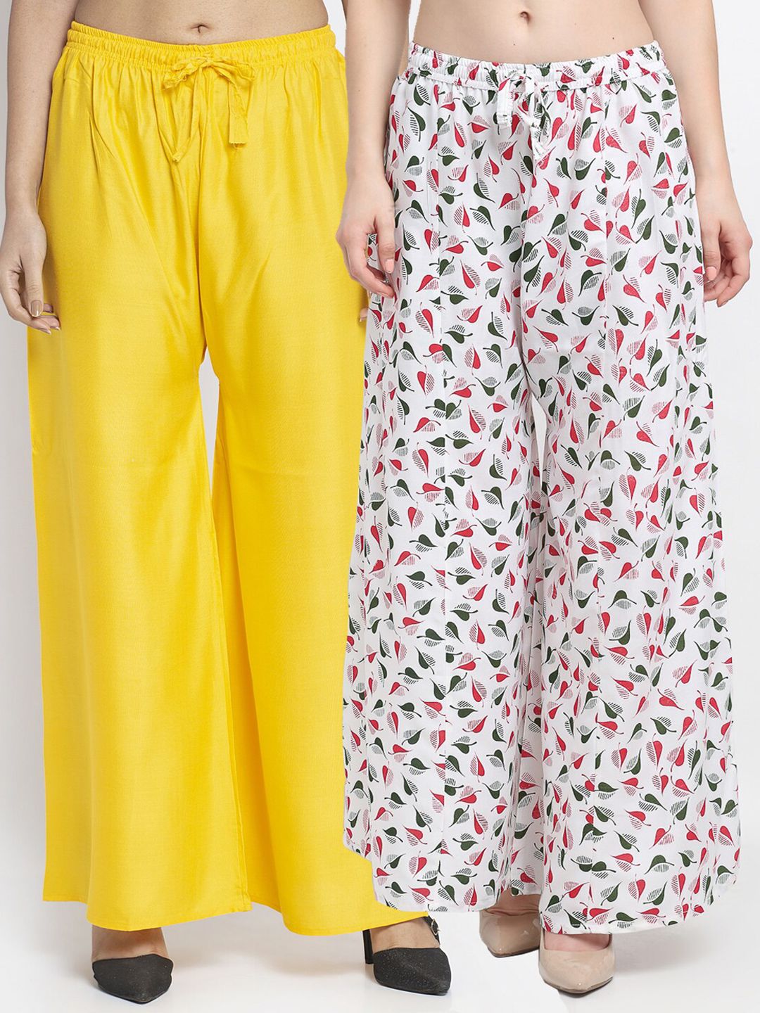 Jinfo Women Yellow & White 2 Printed Flared Knitted Ethnic Palazzos Set Of 2 Price in India