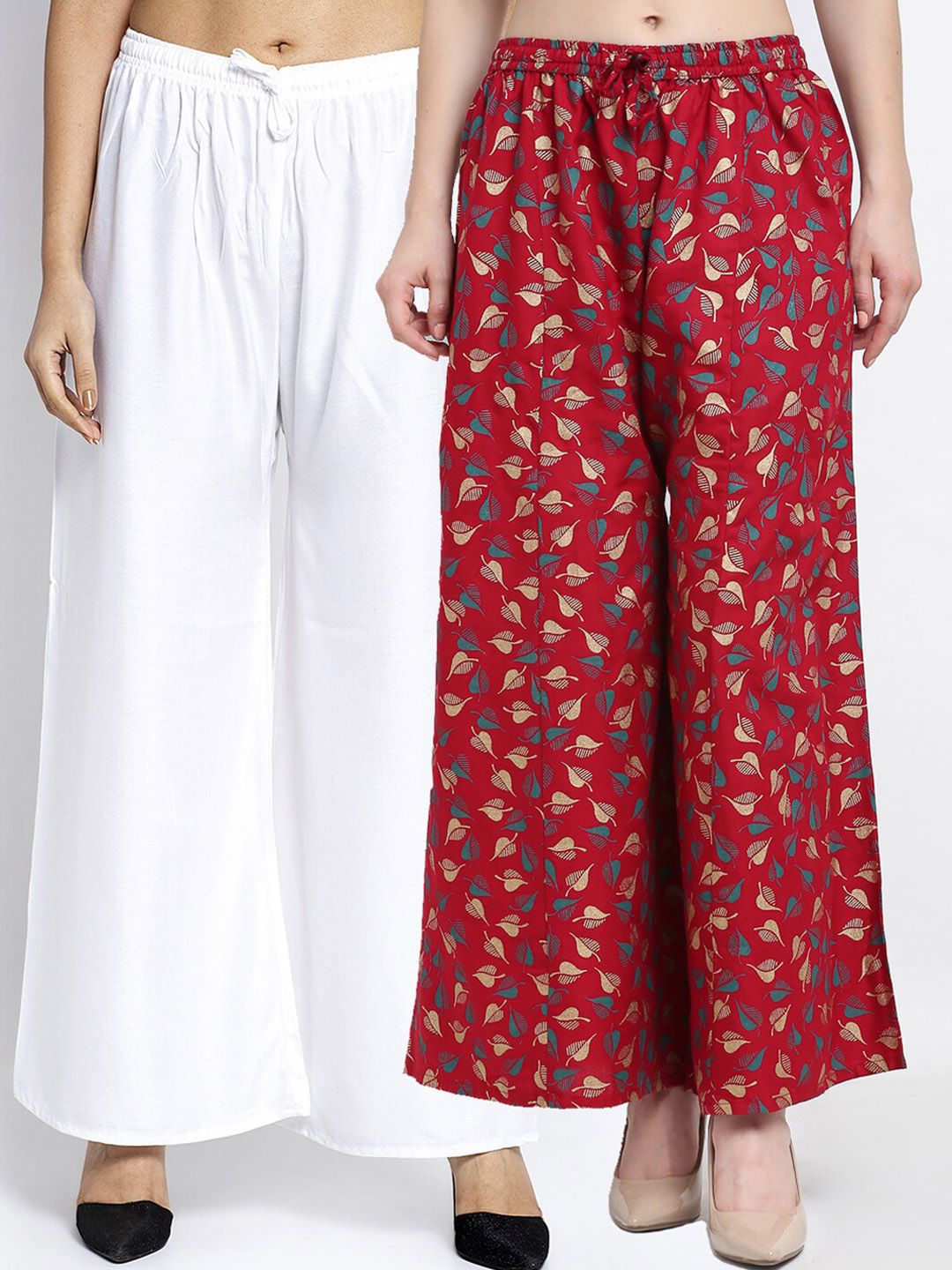 Jinfo Women White & Maroon 2 Floral Printed Flared Knitted Ethnic Palazzos Price in India