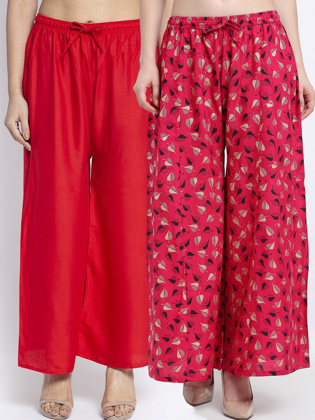 Jinfo Women Red & Pink Printed Flared Knitted Ethnic Palazzos Set Of 2 Price in India