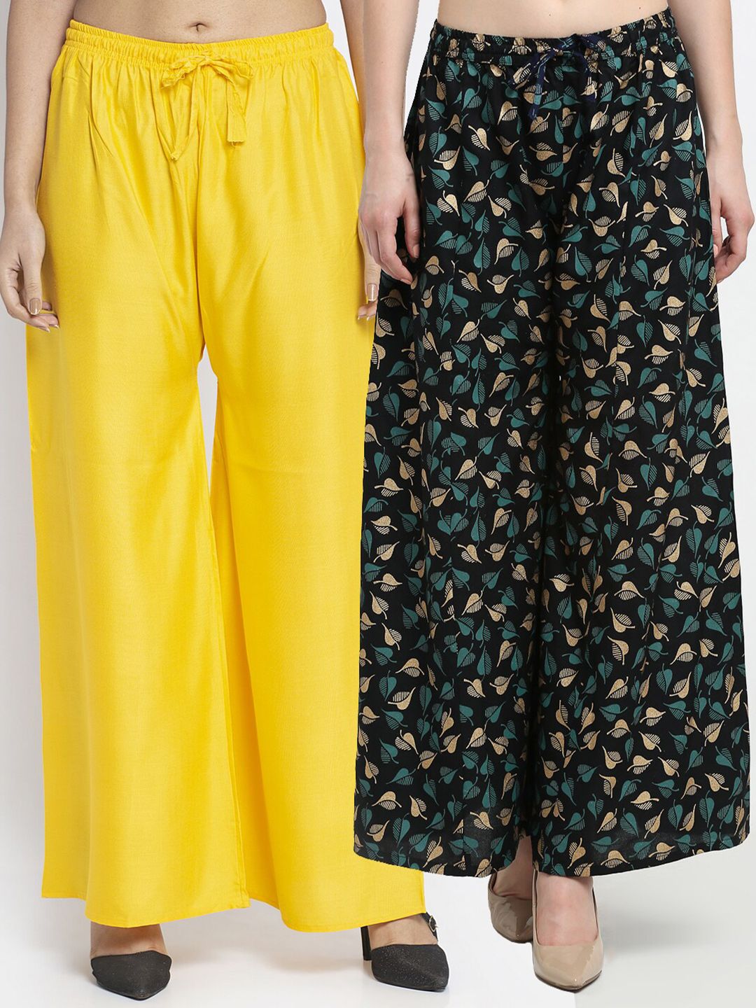 Jinfo Women Yellow & Black Printed Flared Knitted Ethnic Palazzos Set Of 2 Price in India