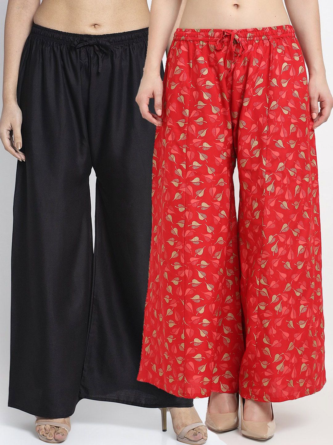 Jinfo Women Black & Red Printed Flared Knitted Ethnic Palazzos Set Of 2 Price in India