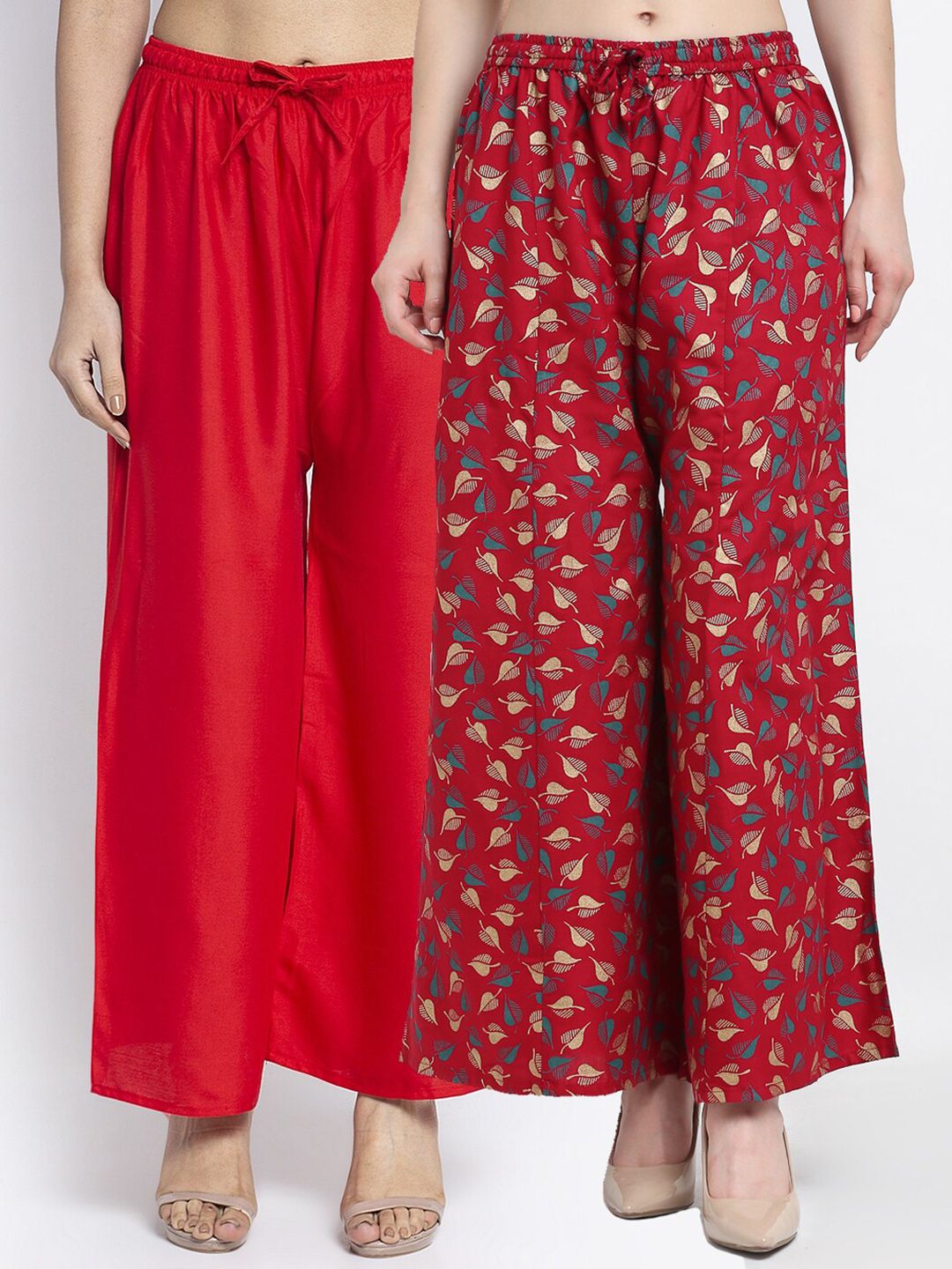 Jinfo Women Red & Maroon Printed Flared Knitted Ethnic Palazzos Pack Of 2 Price in India