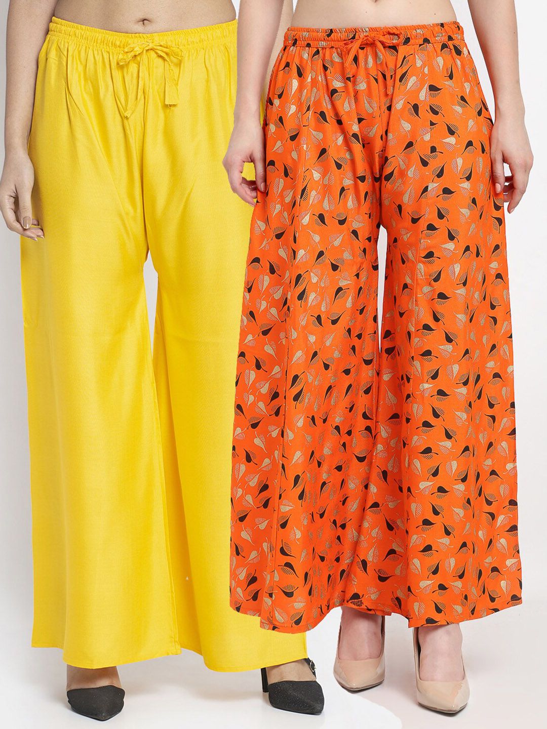 Jinfo Women Yellow & Orange Printed Flared Knitted Ethnic Palazzos Set Of 2 Price in India