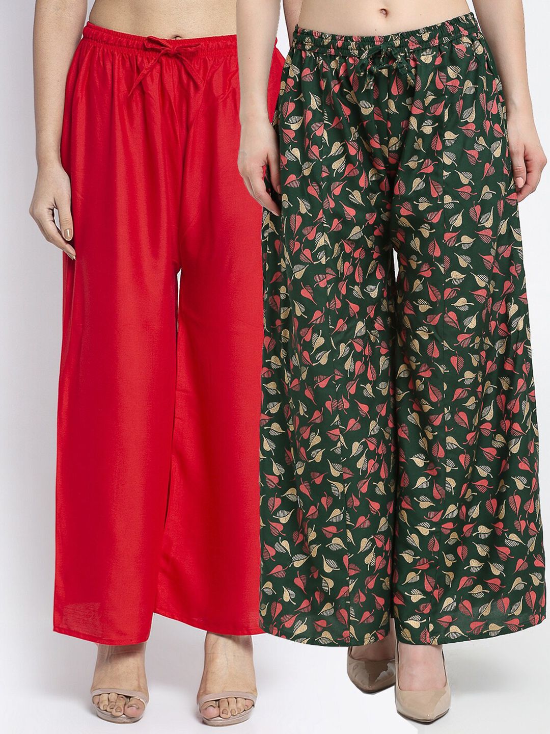 Jinfo Women Red & Green Printed Flared Knitted Ethnic Palazzos Set Of 2 Price in India