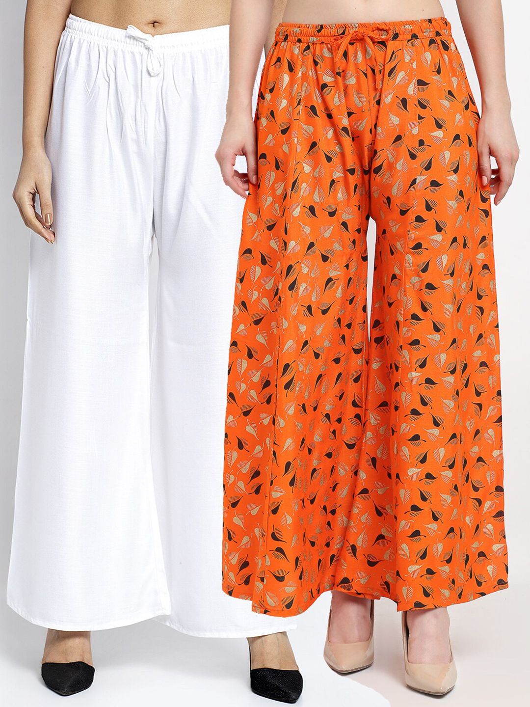 Jinfo Women White & Orange Printed Flared Knitted Ethnic Palazzos Set Of 2 Price in India