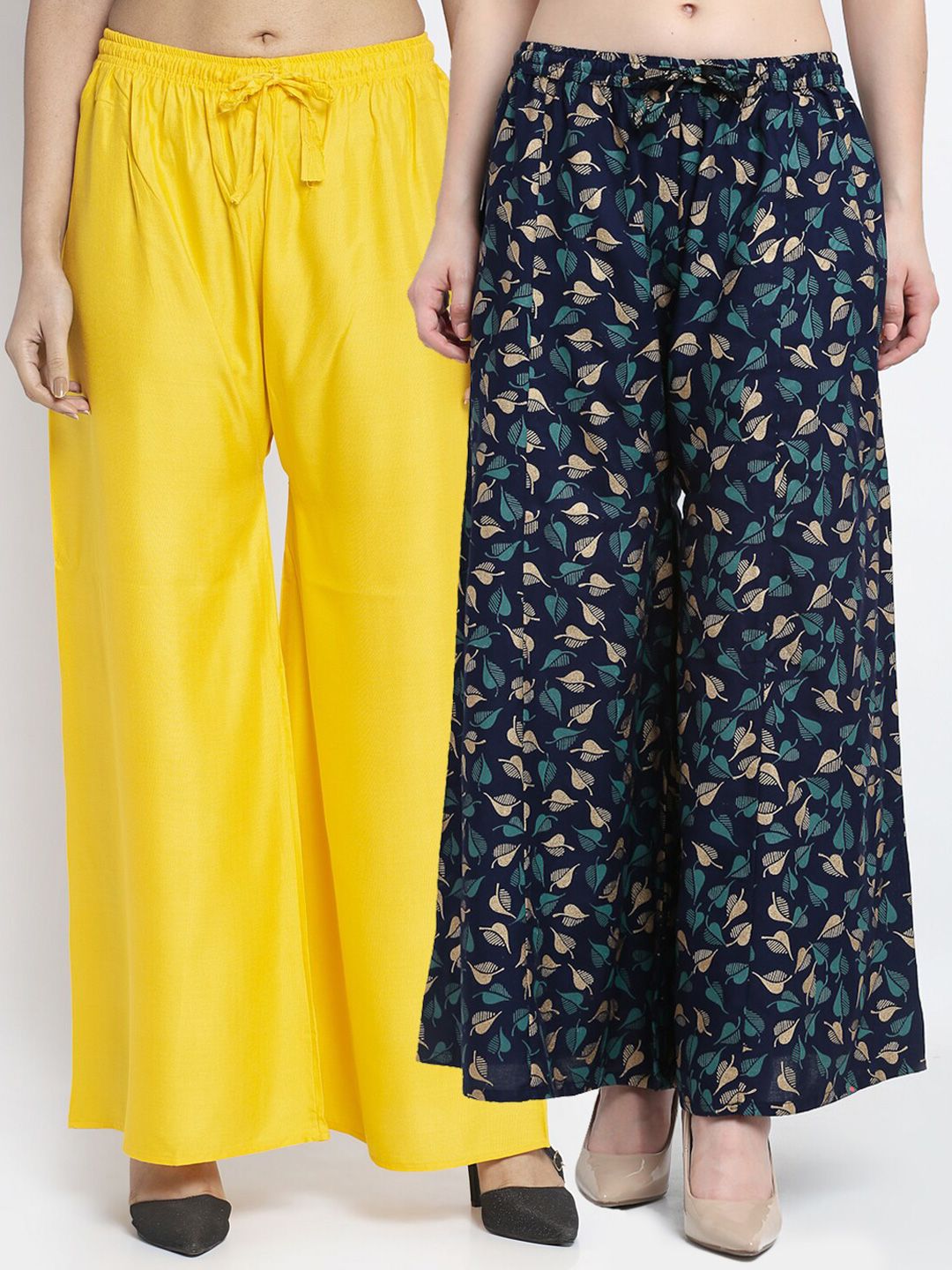 Jinfo Women Yellow & Navy Blue Leaves Printed Flared Knitted Ethnic Palazzos Set Of 2 Price in India