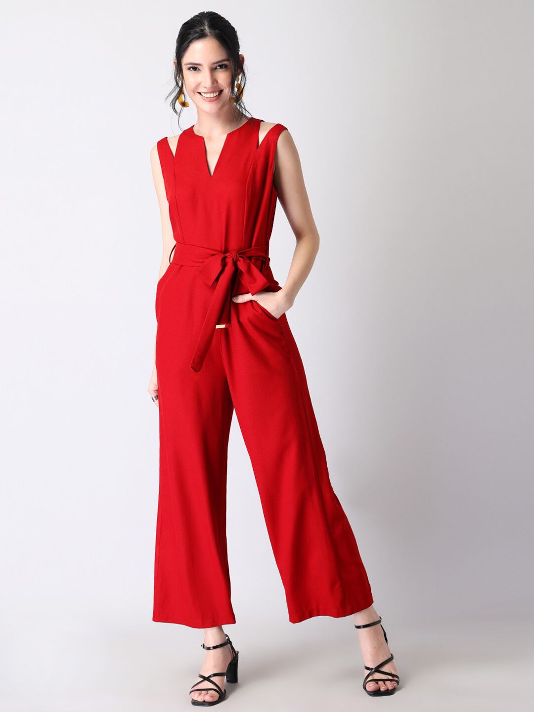 FabAlley Maroon Cut Out Belted Basic Jumpsuit Price in India