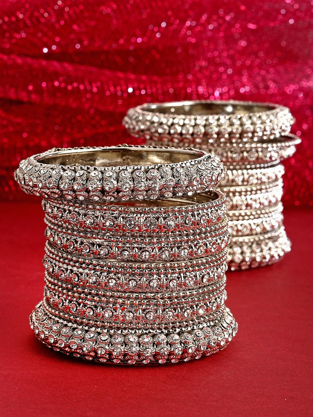 ZENEME ZENEME Set of 28 Silver-Plated Stone-Studded Textured Oxidized Bangles