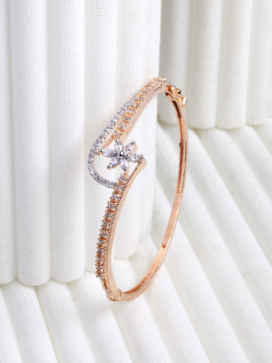 ZENEME Women Rose Gold-Toned & White Cubic Zirconia Embellished Bangle-Style Bracelet Price in India