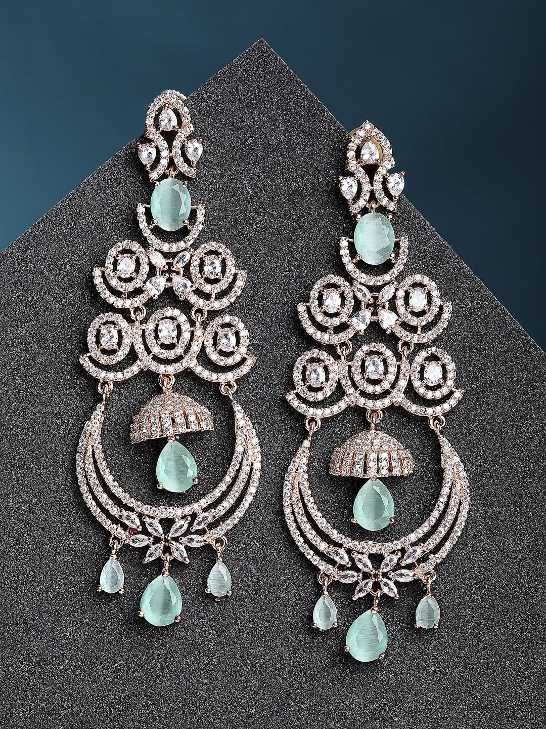 ZENEME Sea Green & Silver-Plated Contemporary Chandbalis Earrings Price in India