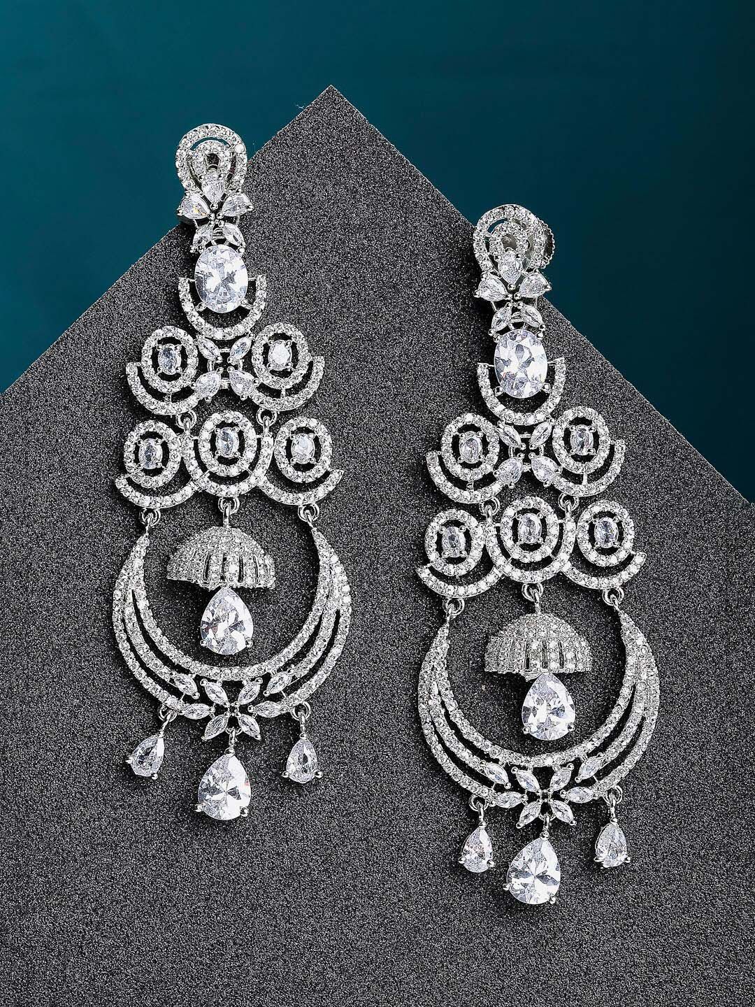 ZENEME Women White & Silver-Toned Contemporary Drop Earrings Price in India