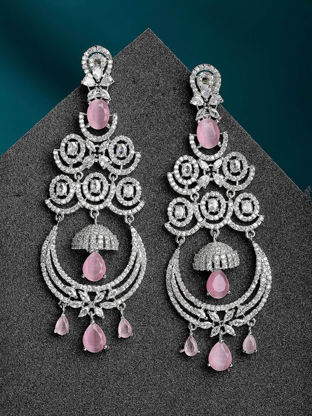 ZENEME Pink & White Silver-Plated American Diamond Studded Chandelier Earrings Price in India
