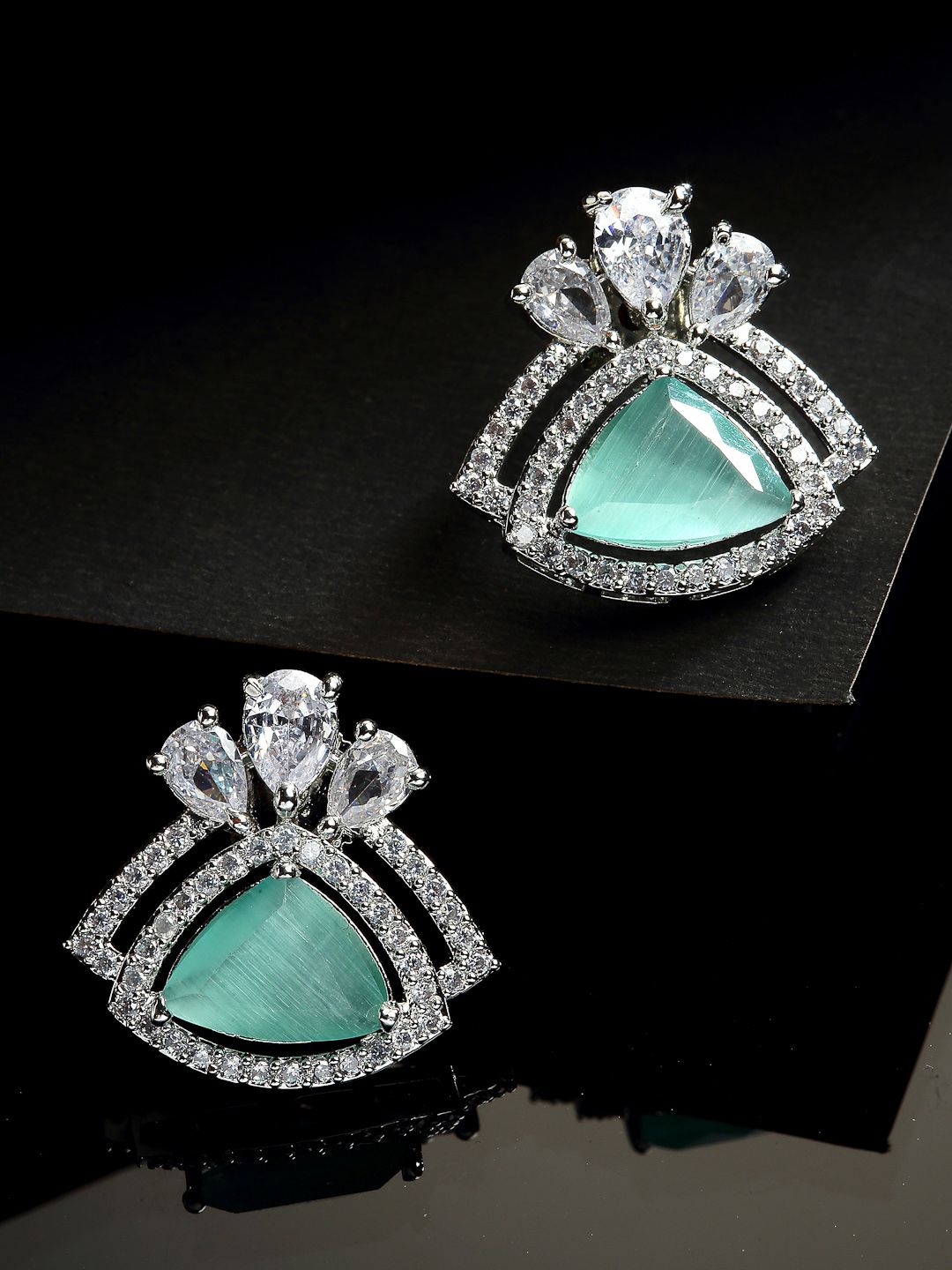 ZENEME Silver-Plated Sea Green Studded Triangular Studs Price in India