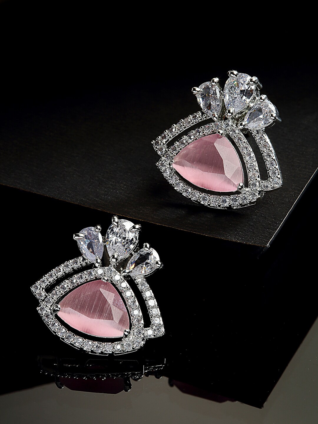 ZENEME Pink Triangular American Diamond Studded Studs Earrings Price in India