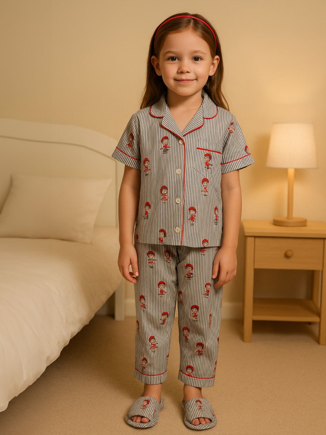 Wish Karo Girls Grey & White Printed Night suit