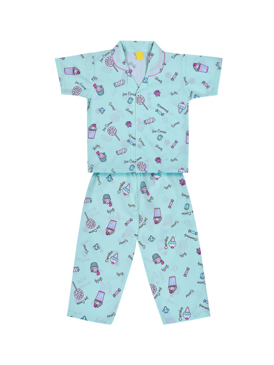 Wish Karo Girls Sea Green & Pink Printed Night suit