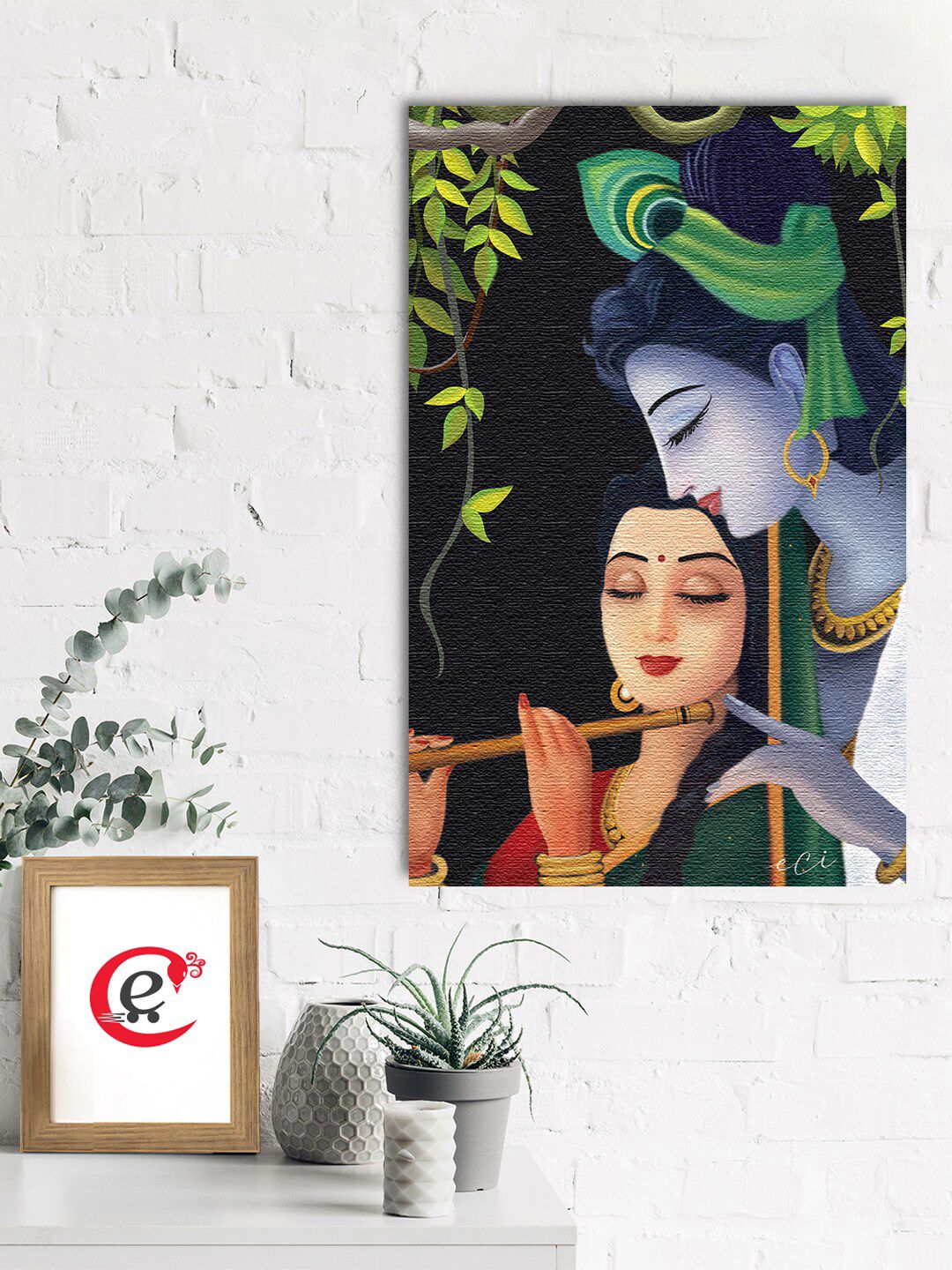 eCraftIndia Blue & Beige Krishna Radha Canvas Wall Painting Price in India