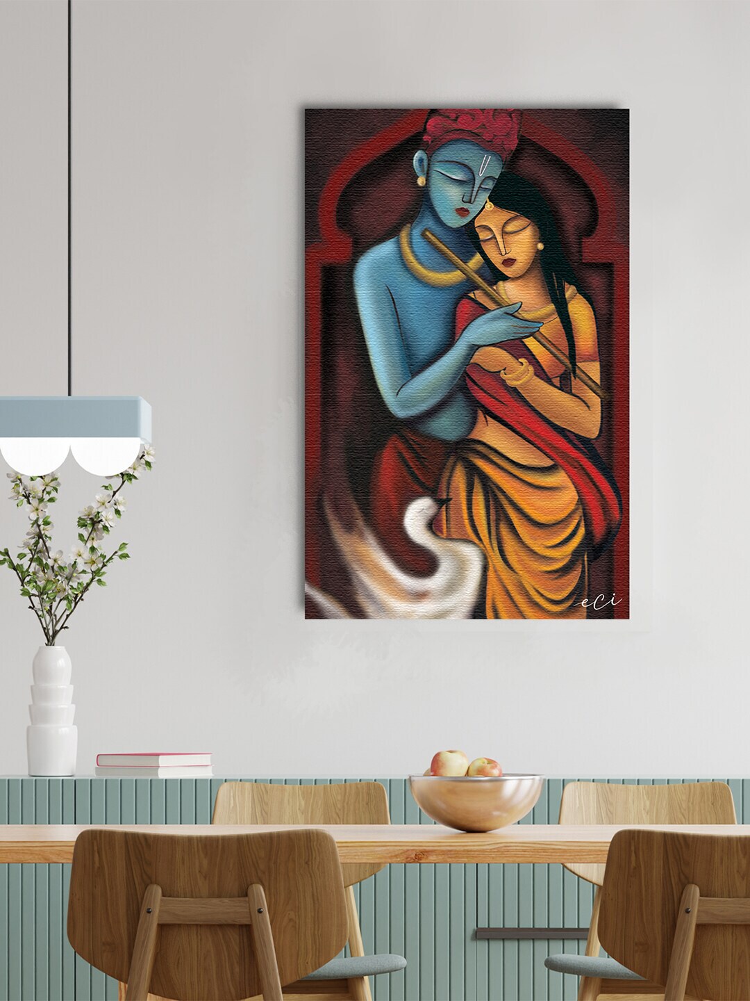 eCraftIndia Blue & Yellow Radha Krishna Original Design Canvas Printed Wall Art Price in India