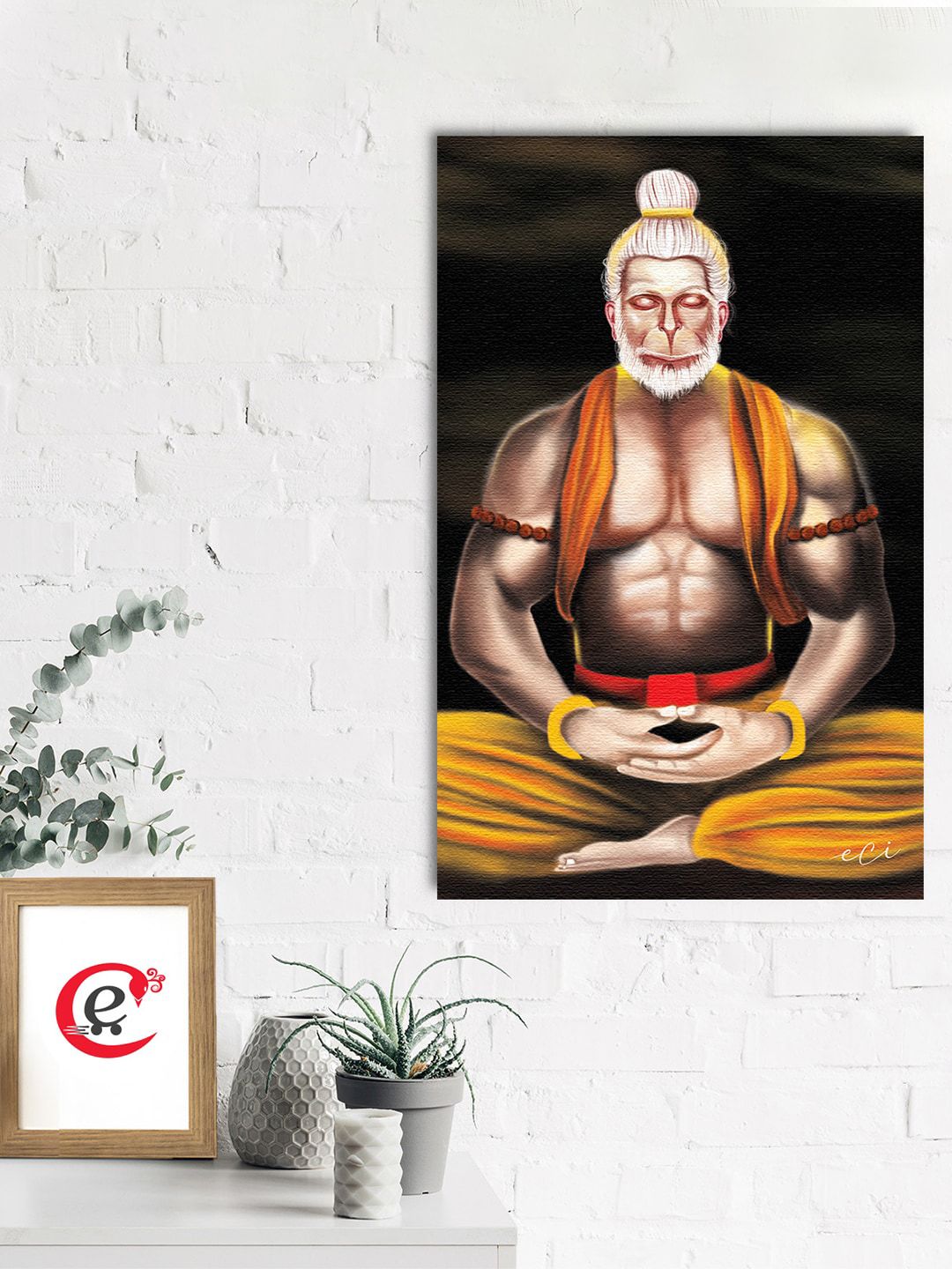 eCraftIndia Orange Meditating Lord Hanuman Wall Painting Price in India