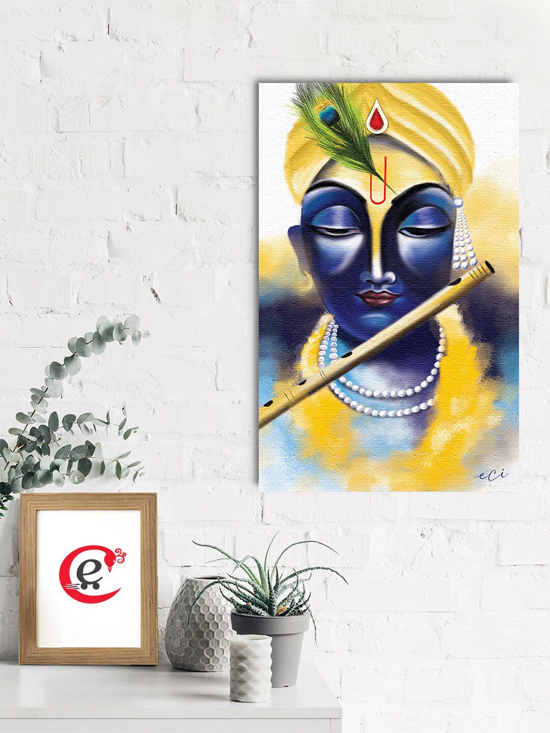 eCraftIndia Blue & Yellow Lord Krishna Painting Wall Art Price in India