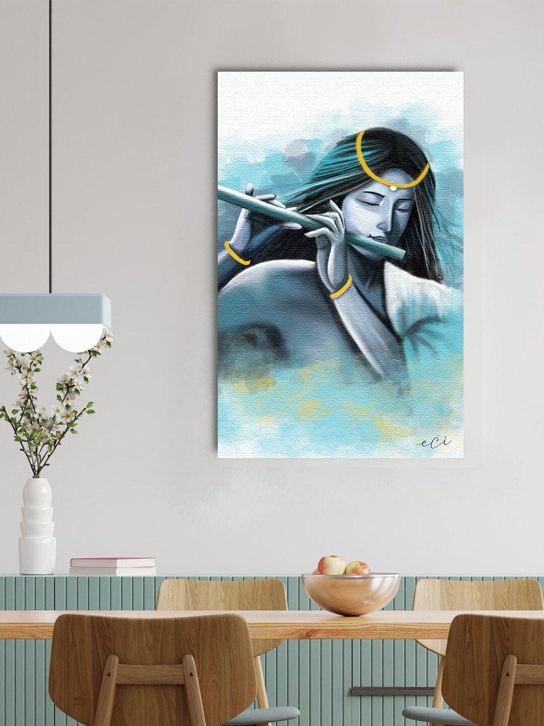 eCraftIndia White & Blue Lord Krishna Canvas Painting Wall Art Price in India