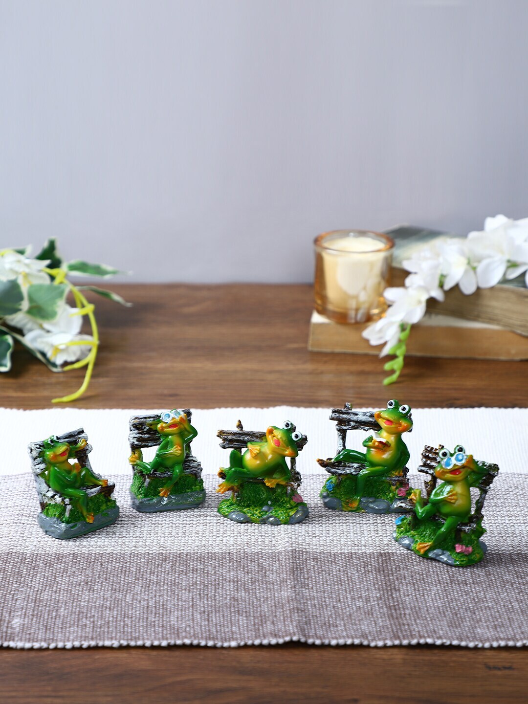 TIED RIBBONS Green &Yellow Set Of 5 Frog Showpieces Garden Accessory Price in India