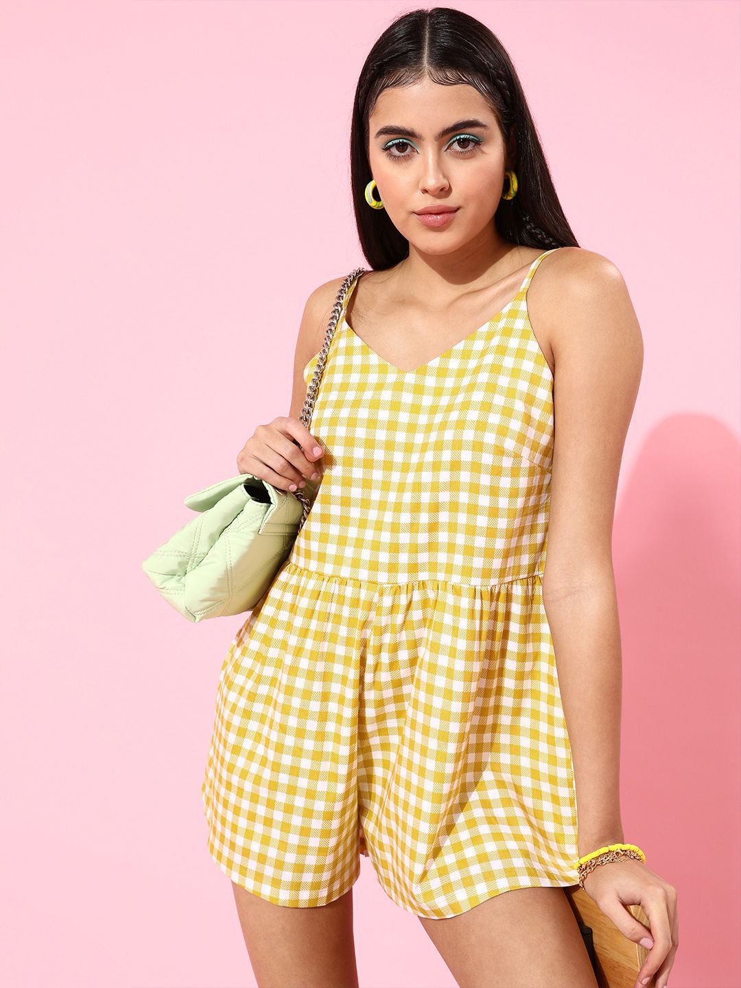 Zink London Women Bright Yellow Checked Playsuit Price in India