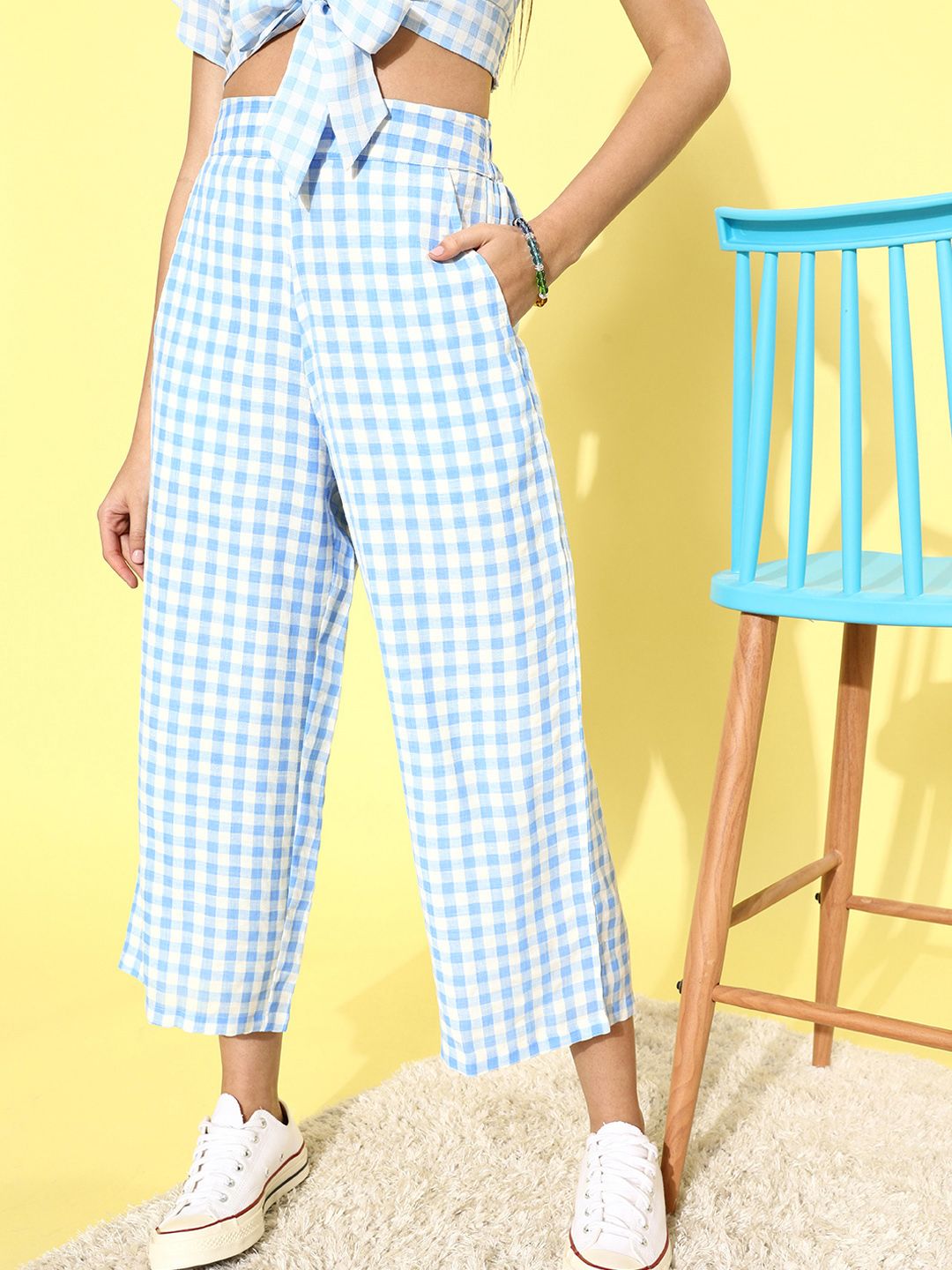Zink London Women Stunning Blue Checked Summer Gingham Trousers Price in India