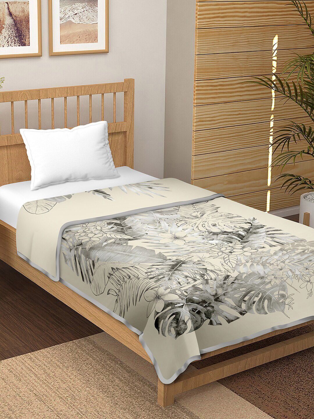 BELLA CASA Beige & Grey Floral Pure Cotton Reversible AC Room Single Cotton Bed Dohar Price in India