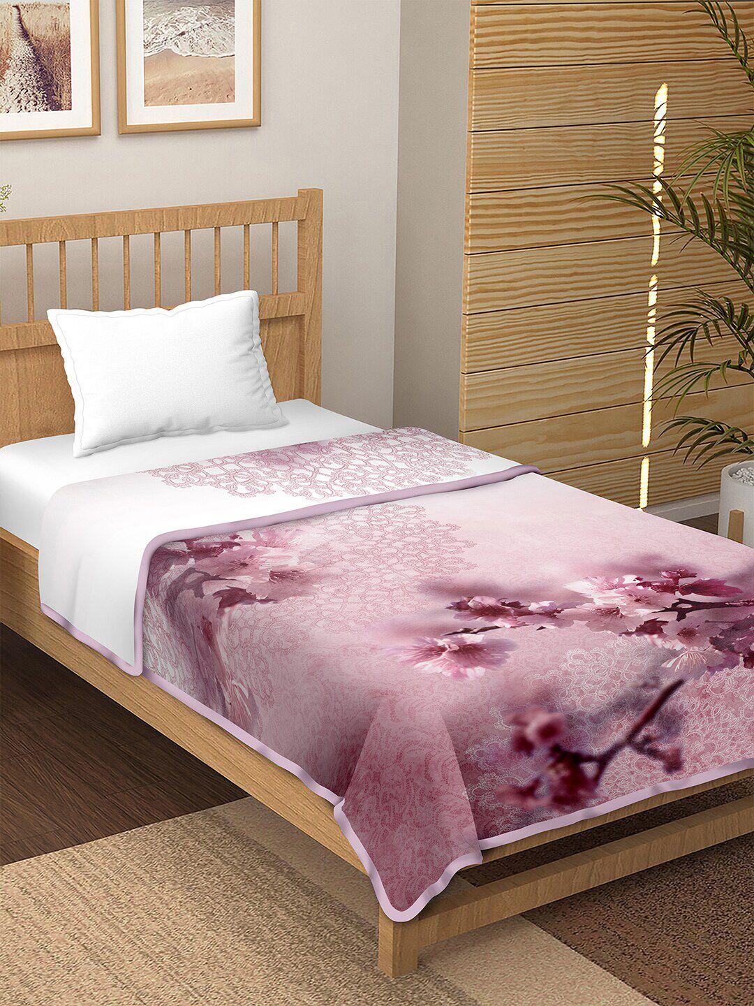 BELLA CASA Pink & Maroon Floral AC Room 180 GSM Cotton Single Bed Dohar Price in India