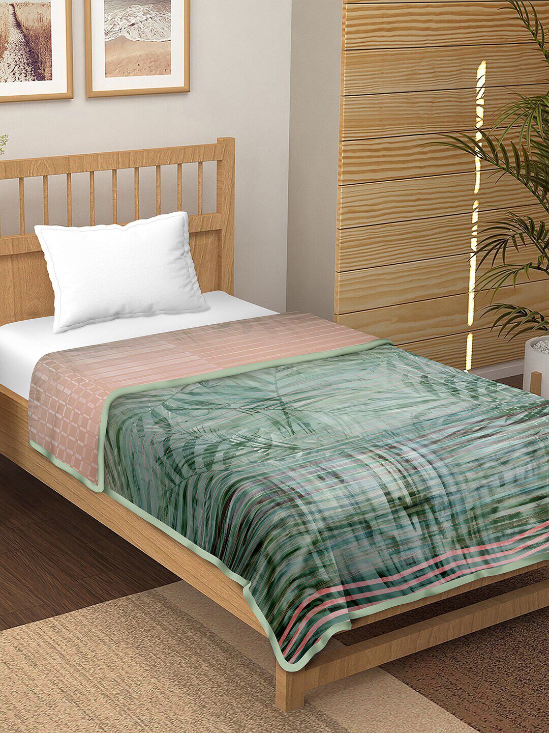 BELLA CASA Green & Pink Reversible Pure Cotton AC Room Single Bed Dohar Price in India