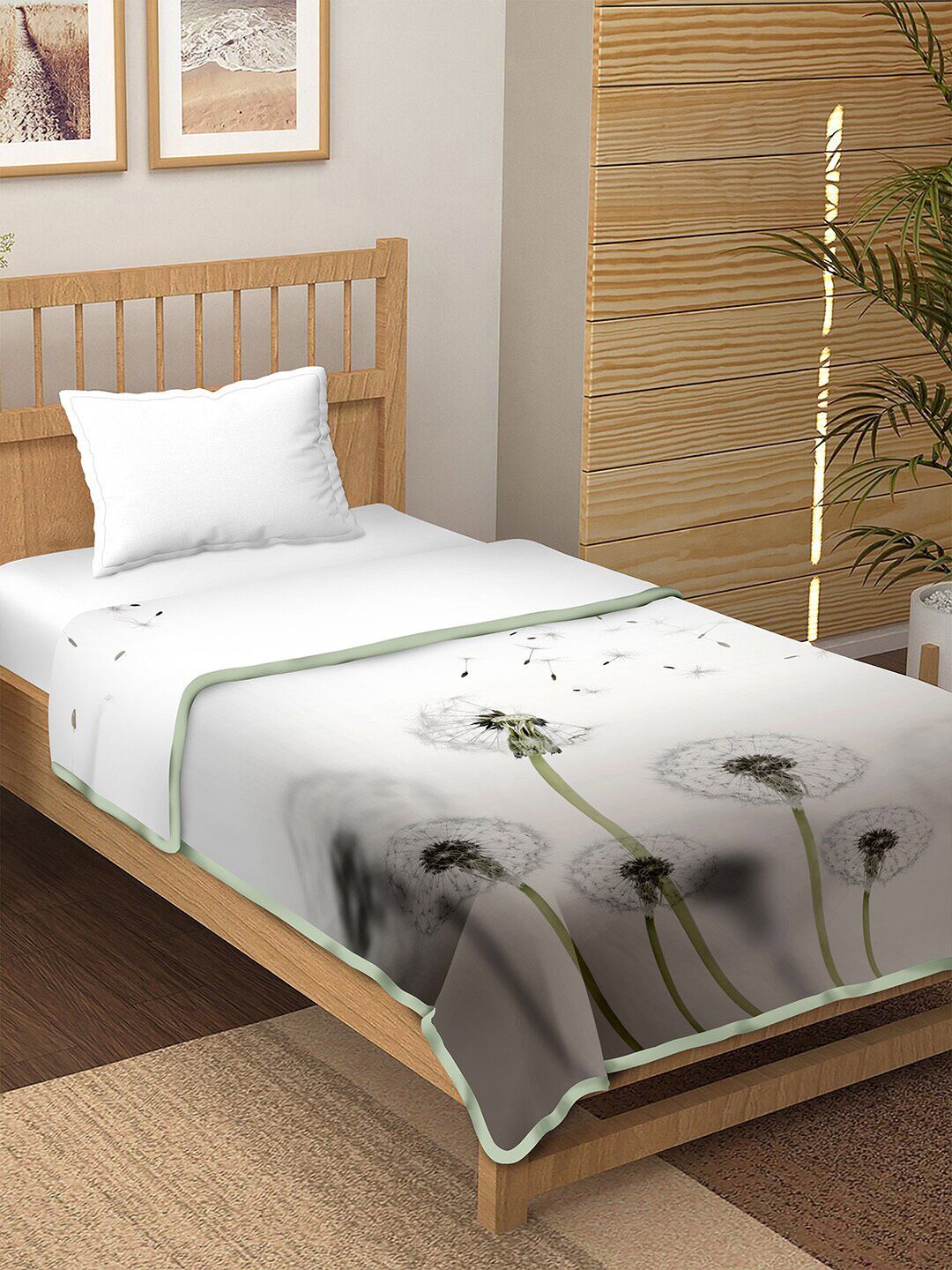 BELLA CASA Green & Grey Floral AC Room Single Bed Dohar Price in India