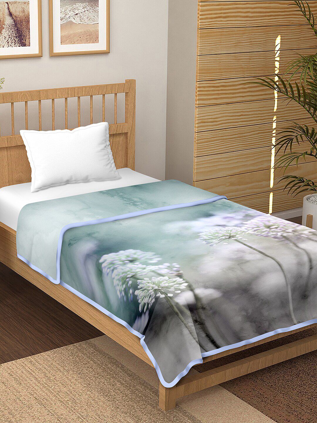 BELLA CASA Grey & Blue Floral AC Room Single Bed Dohar Price in India