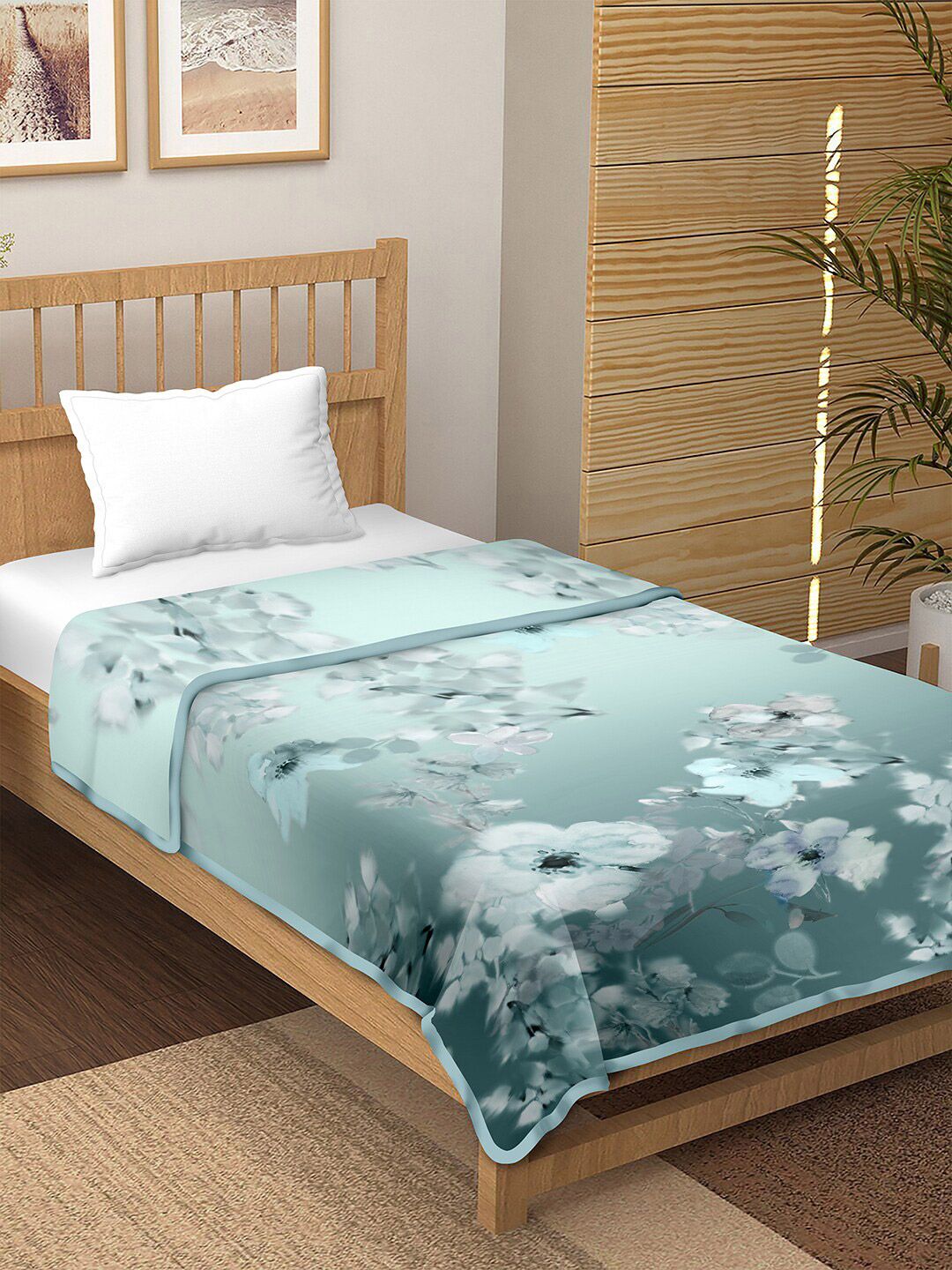 BELLA CASA Blue Floral 180 GSM AC Room Single Bed Cotton Dohar Price in India