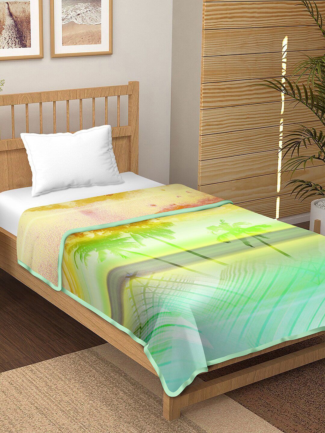 BELLA CASA Yellow & Green Pure Cotton Reversible AC Room Single Bed Dohar Price in India