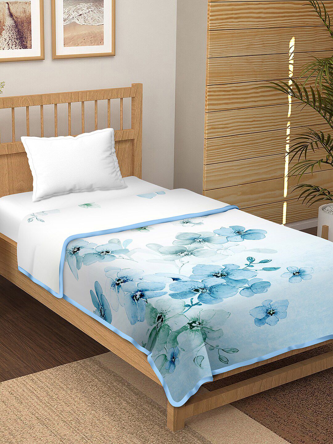 BELLA CASA Blue Floral Pure Cotton Reversible AC Room Single Bed Dohar Price in India