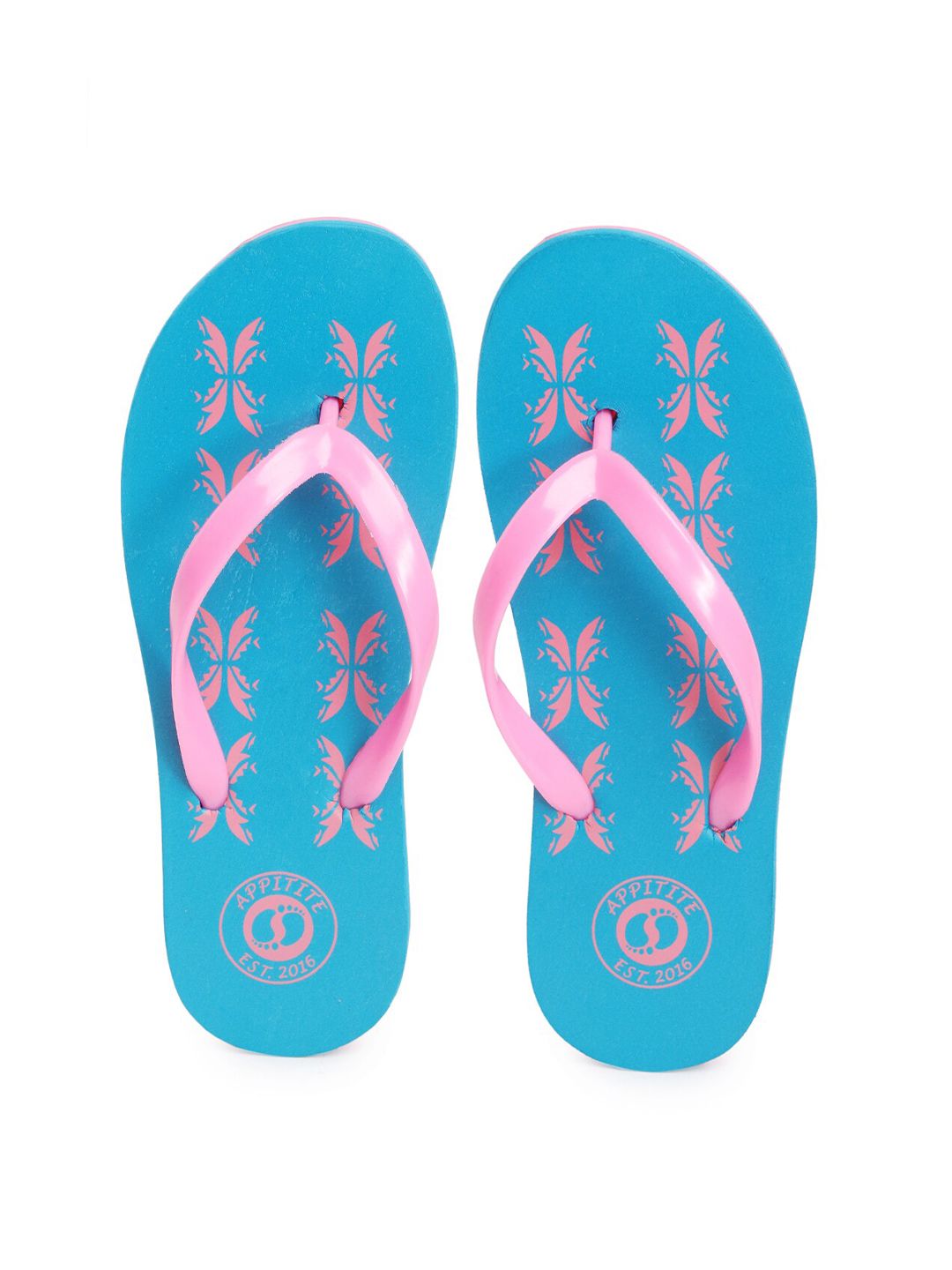 APPITITE Women Blue & Pink Printed Rubber Thong Flip-Flops Price in India