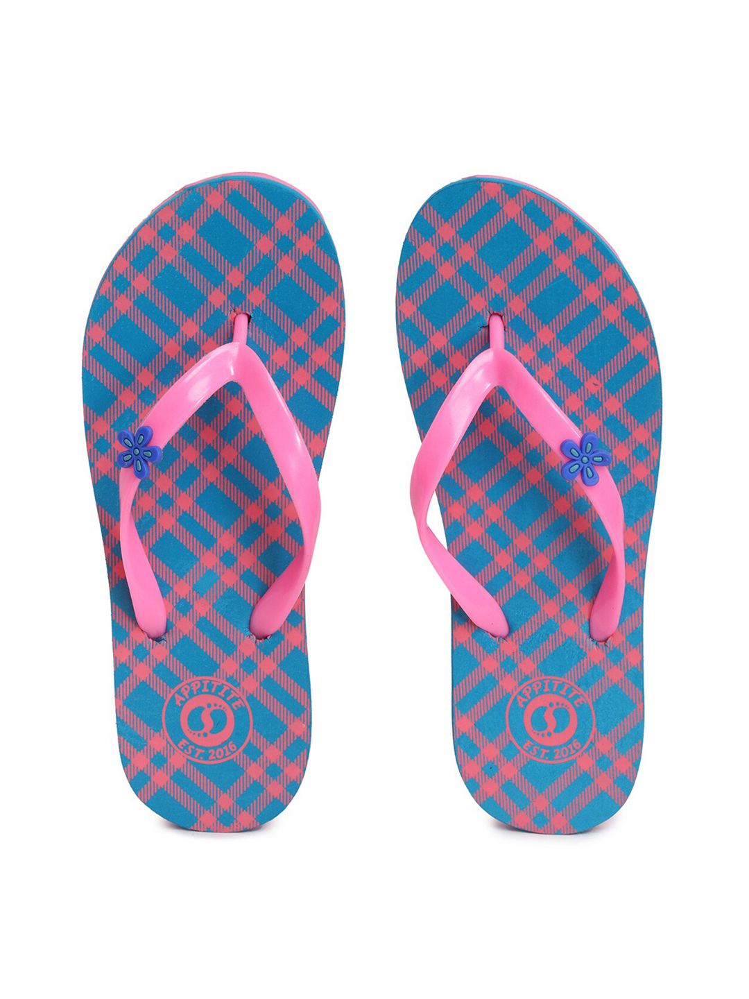 APPITITE Women Blue & Pink Printed Rubber Thong Flip-Flops Price in India