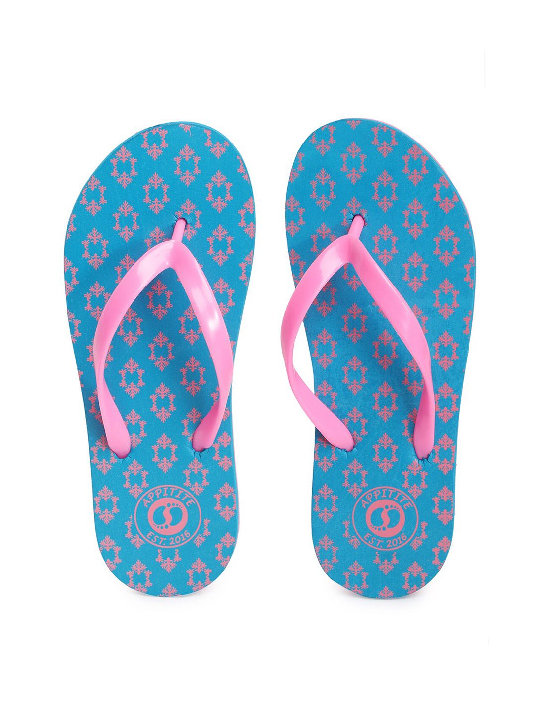 APPITITE Women Blue & Pink Printed Rubber Thong Flip-Flops Price in India