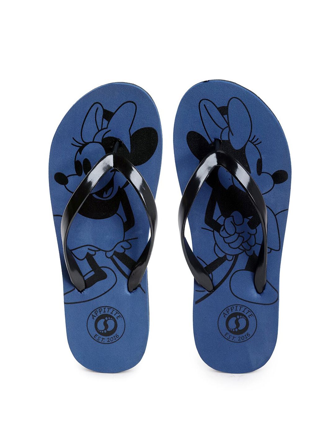 APPITITE Women Navy Blue & Black Minnie Mouse Printed Rubber Thong Flip-Flops Price in India