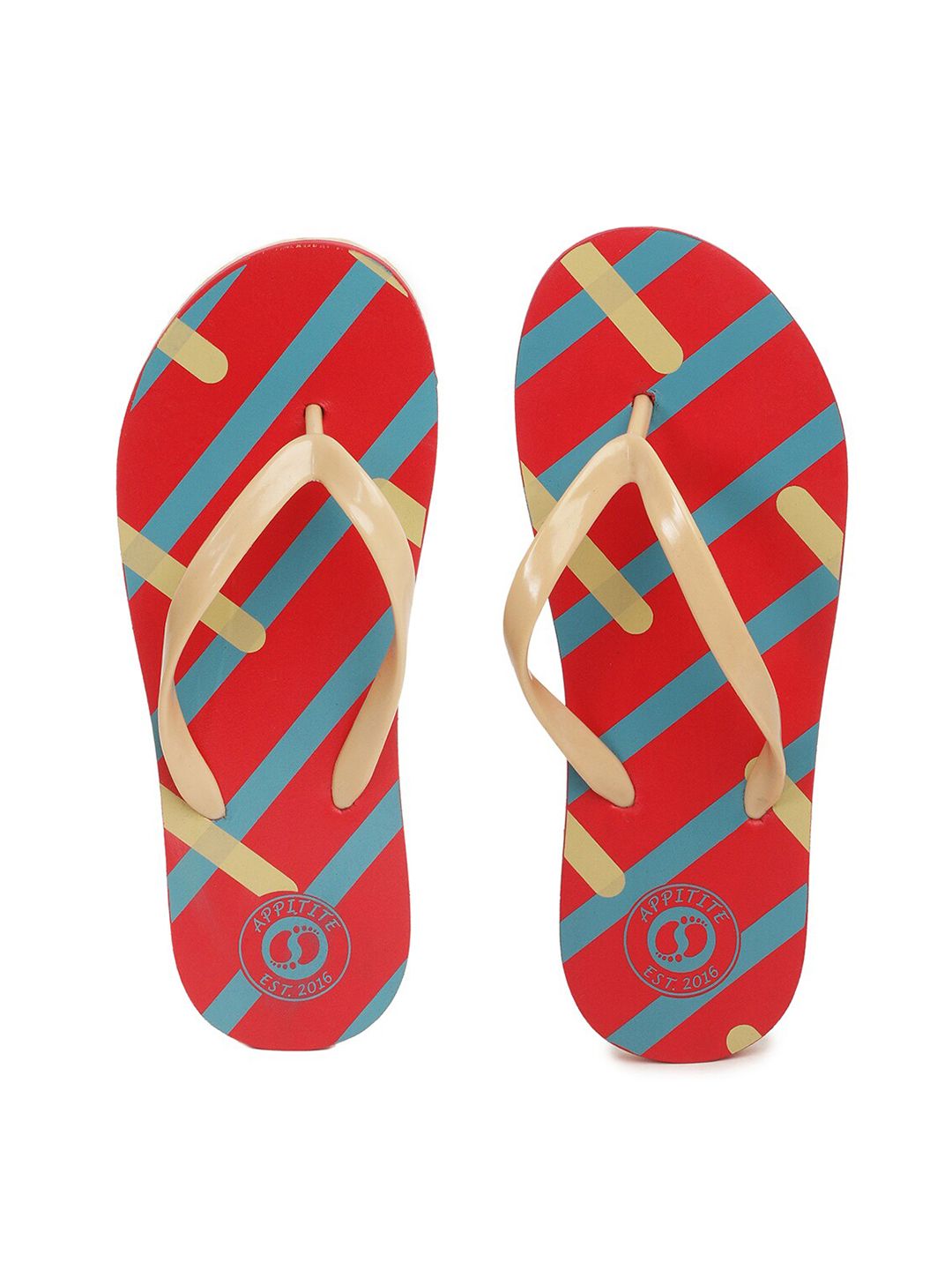 APPITITE Women Red & Beige Printed Rubber Thong Flip-Flops Price in India