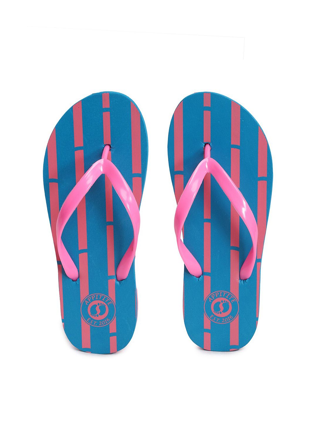 APPITITE Women Blue & Pink Printed Rubber Thong Flip-Flops Price in India