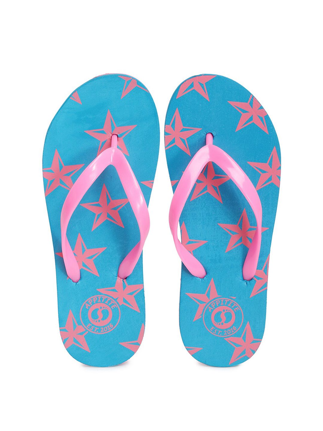 APPITITE Women Blue & Pink Printed Rubber Thong Flip-Flops Price in India