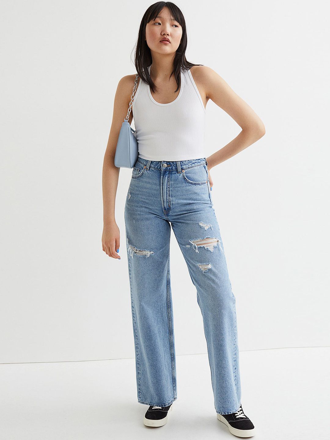 H&M Women Blue Solid Wide High Jeans Price in India