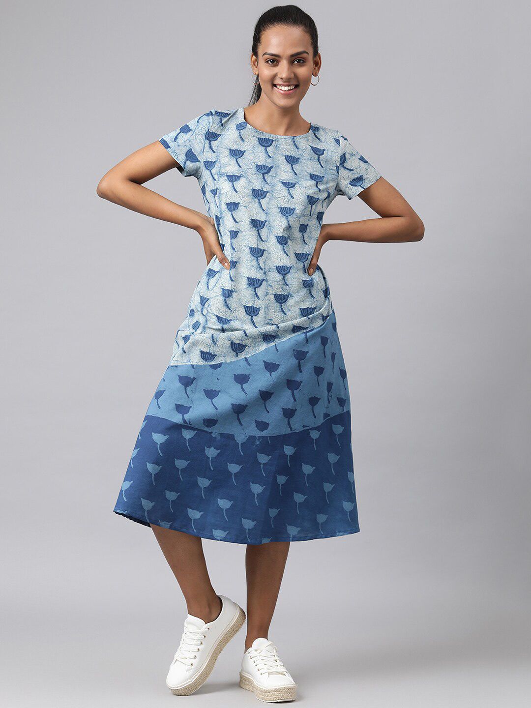 Fabindia Blue Ethnic Motifs Dabu A-Line Cotton Midi Dress Price in India