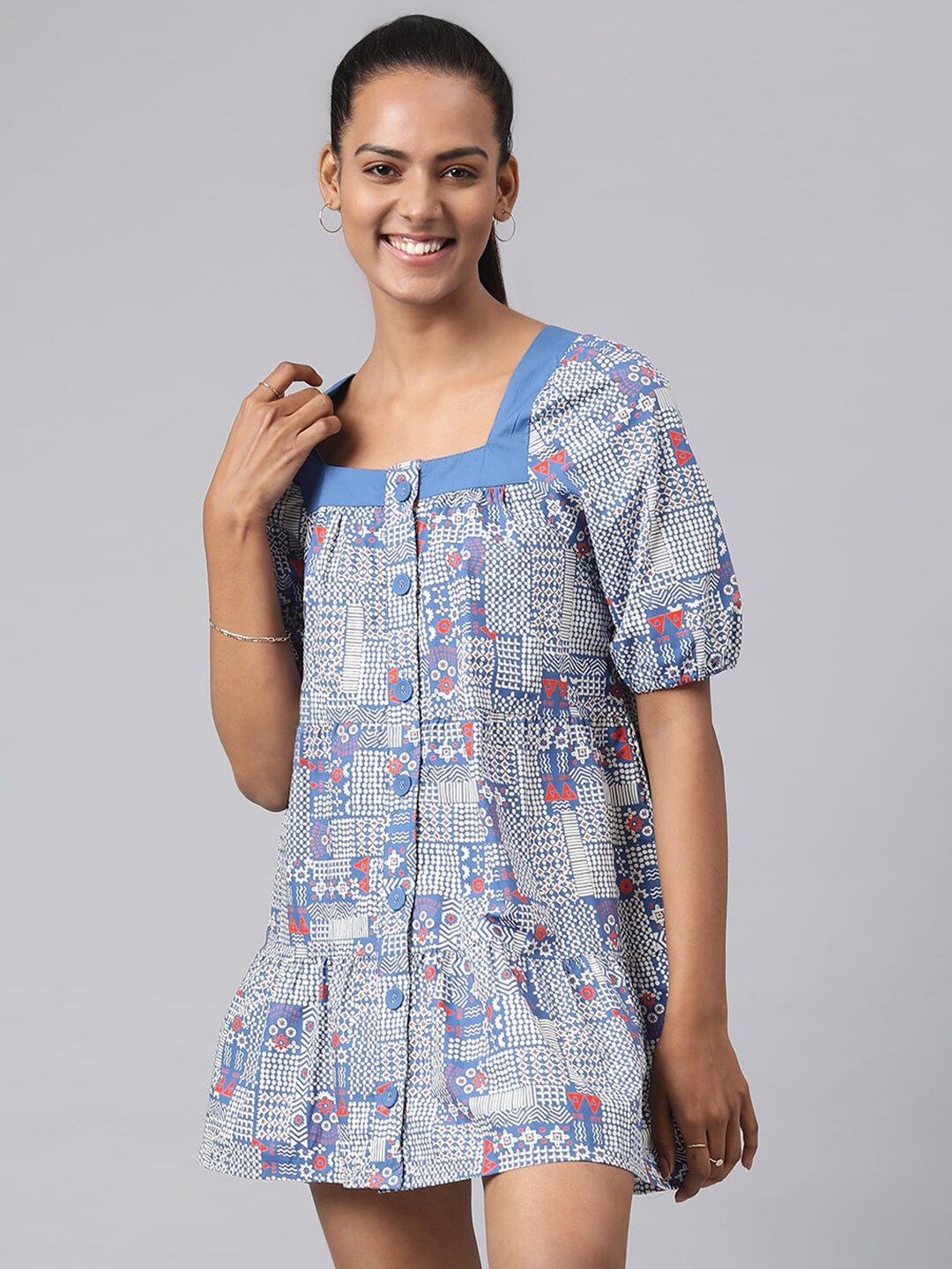 Fabindia Blue Floral A-Line Mini Dress Price in India