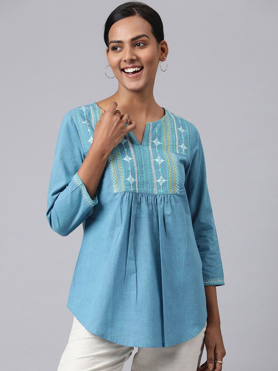 Fabindia Women Blue Embroidered A-Line Cotton Top Price in India