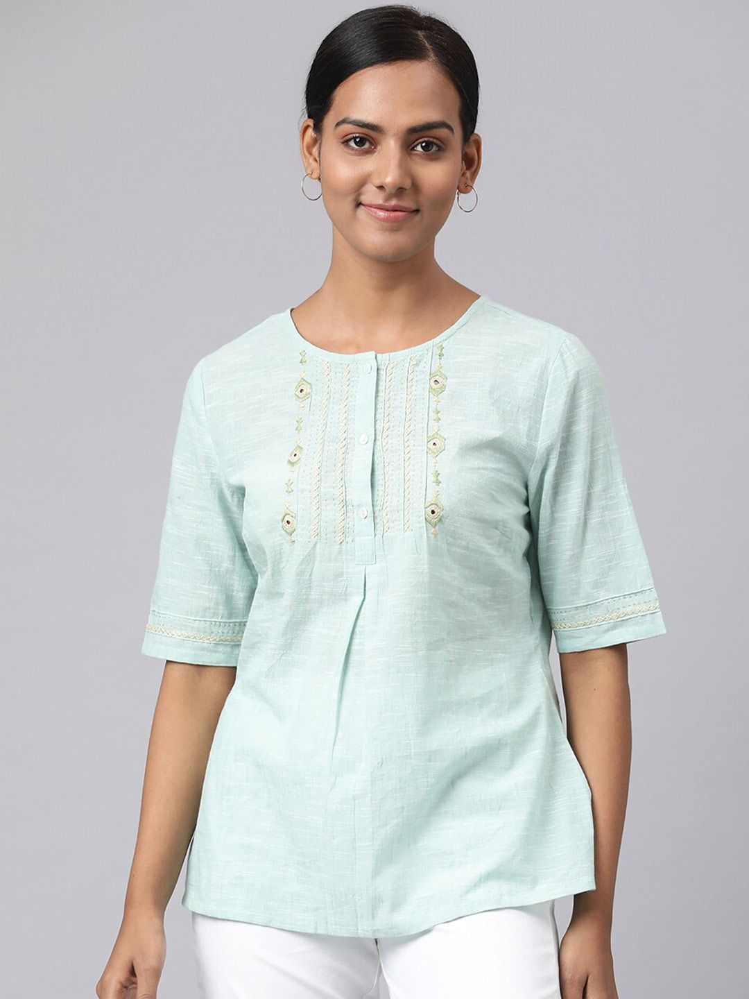 Fabindia Women Green Embroidered Top Price in India