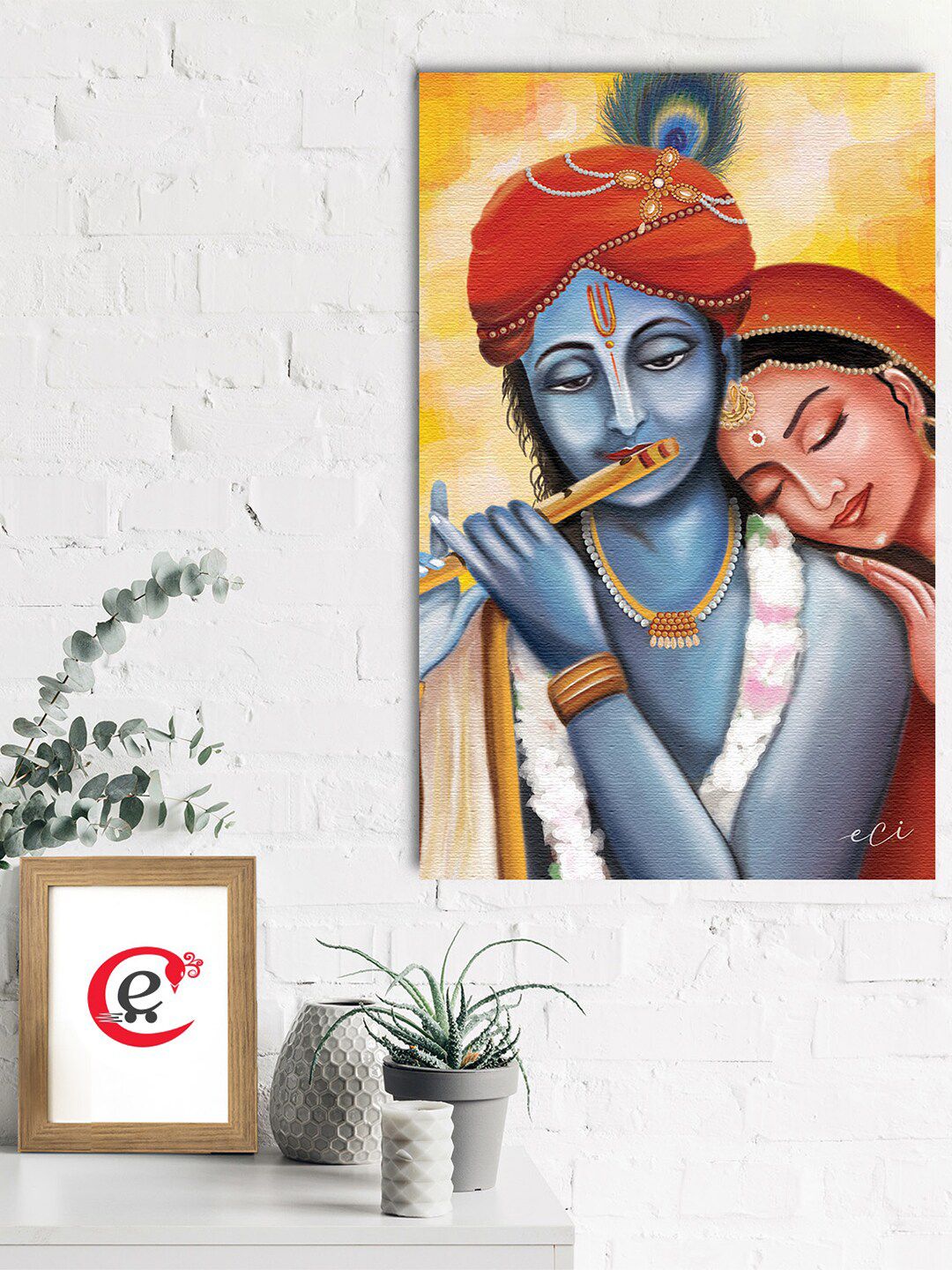 eCraftIndia Yellow & Blue  Lord Radha Krishna Canvas Printed Wall Painting Price in India